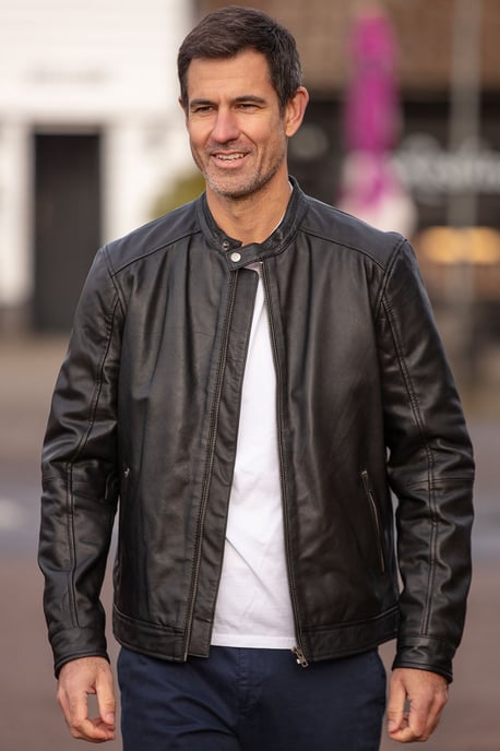 Real Leather Mandarin Collar Biker Jacket - Image 1