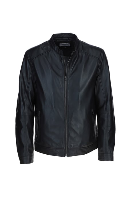 Real Leather Mandarin Collar Biker Jacket - Image 2