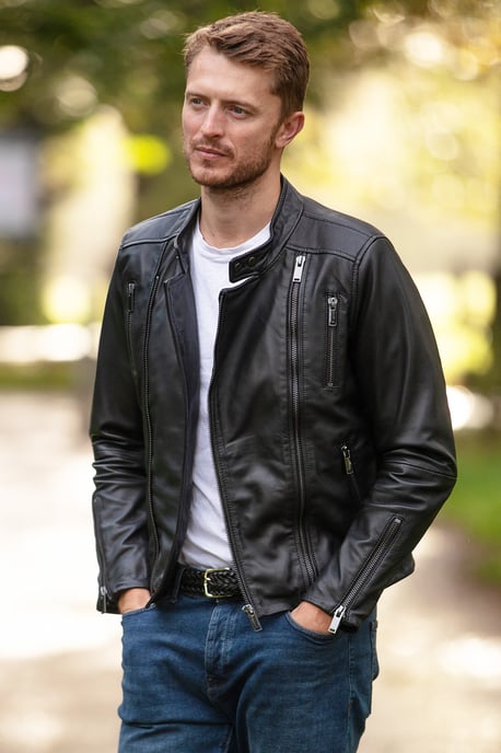 'Rocco' Mens Leather Dual Cross Zip Stylish Biker Jacket - Image 1
