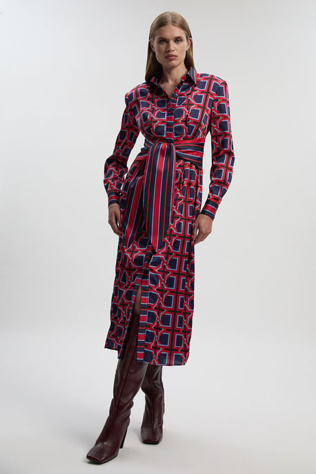 Geo Print Hammered Satin Tie Waist Woven Midi Dress - Image 1