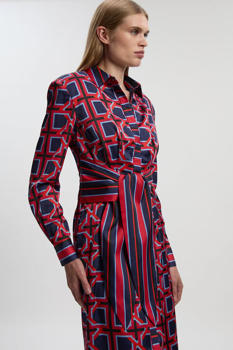 Geo Print Hammered Satin Tie Waist Woven Midi Dress - Image 2