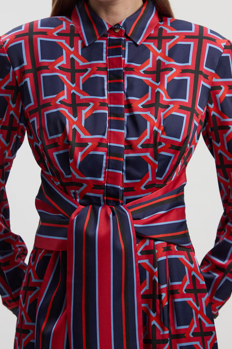 Geo Print Hammered Satin Tie Waist Woven Midi Dress - Image 3
