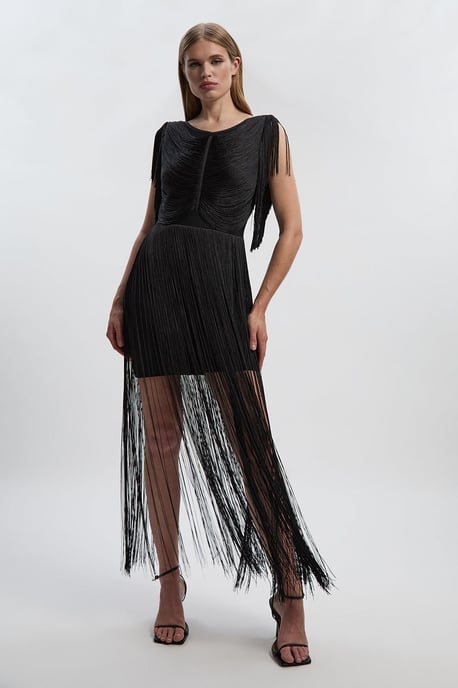 Maxi Draped Fringe Knitted Mini Dress - Image 1