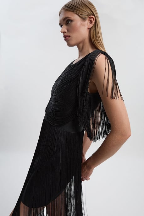 Maxi Draped Fringe Knitted Mini Dress - Image 3
