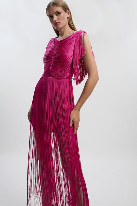 Maxi Draped Fringe Knitted Mini Dress - Image 1