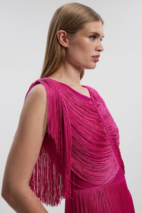 Maxi Draped Fringe Knitted Mini Dress - Image 3