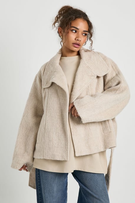 Funnel Neck Belted Wool Blend Jacket - Image 4