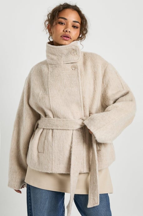 Funnel Neck Belted Wool Blend Jacket - Image 6