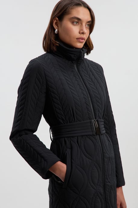 Multi Stitch Detail Belted Padded Midi Coat - Image 2