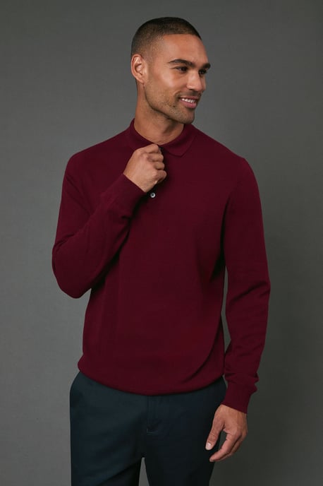 Cotton Rich Long Sleeve Knitted Polo - Image 1