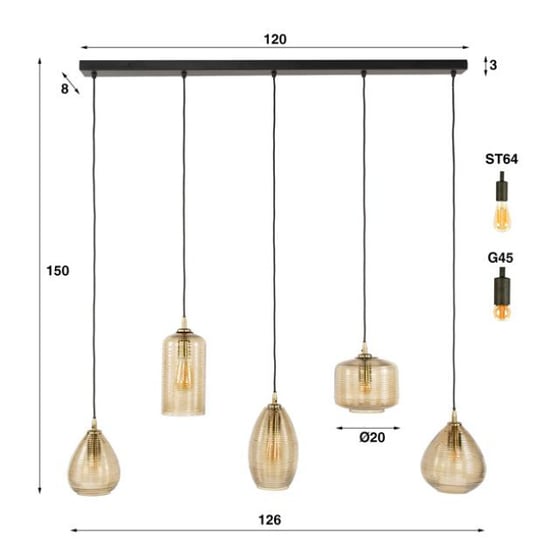 Hoyz hanglamp stripe glass horizontal 5-lichts smoke glas - Image 2