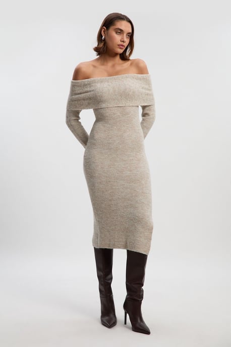 Wool Blend Cosy Bardot Knit Midi Dress - Image 1