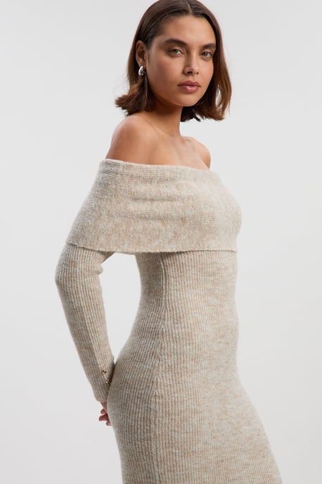 Wool Blend Cosy Bardot Knit Midi Dress - Image 2