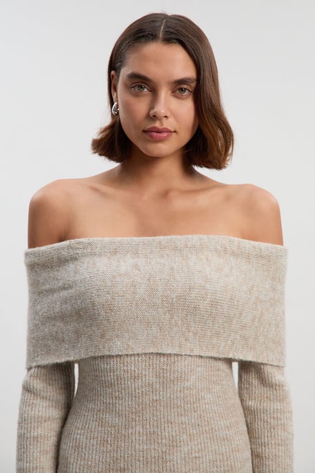 Wool Blend Cosy Bardot Knit Midi Dress - Image 3