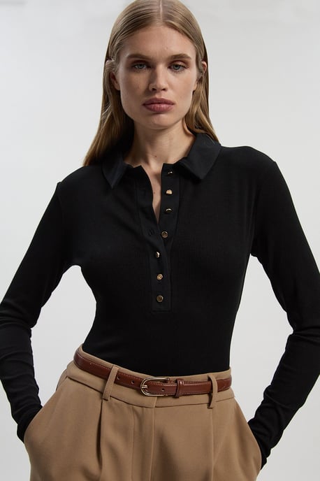 Viscose Rib Jersey Long Sleeve Collared Button Top - Image 1