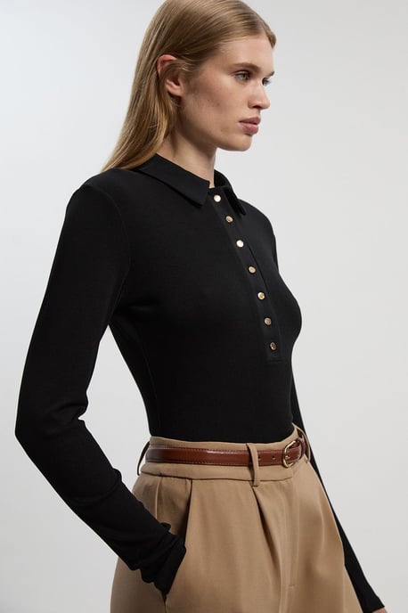 Viscose Rib Jersey Long Sleeve Collared Button Top - Image 2