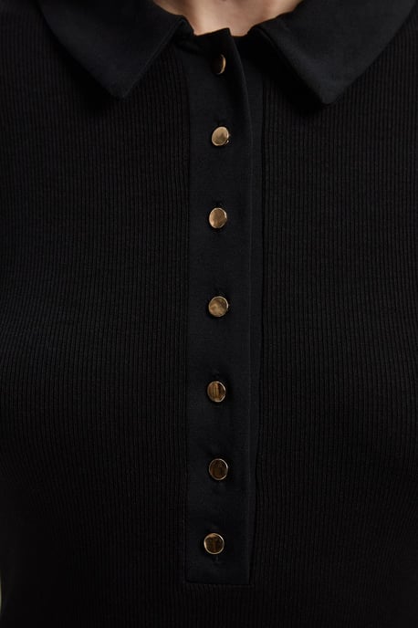Viscose Rib Jersey Long Sleeve Collared Button Top - Image 3