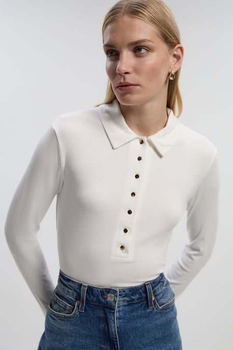 Viscose Rib Jersey Long Sleeve Collared Button Top - Image 1