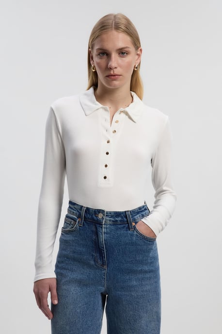 Viscose Rib Jersey Long Sleeve Collared Button Top - Image 2