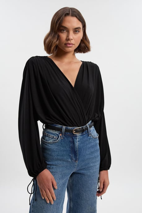 Stretch Drapey Crepe Ruched Plunge Neck Batwing Sleeve Bodysuit - Image 1