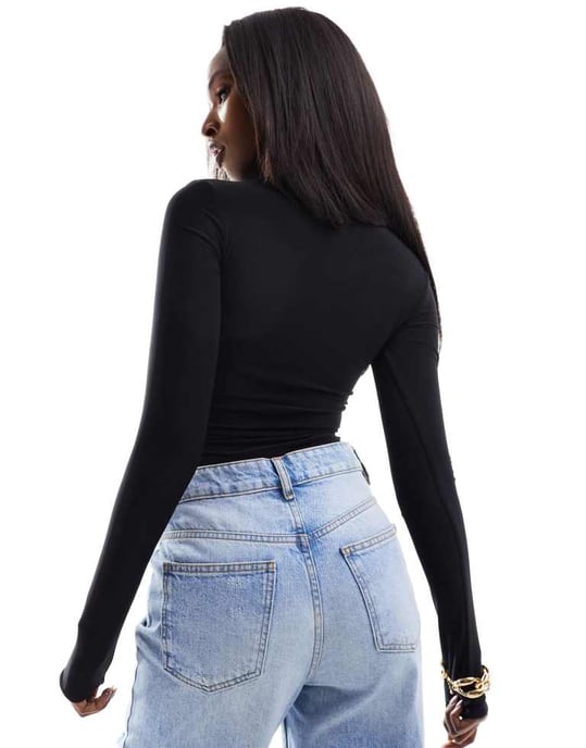 ASOS DESIGN – Svart, åtsittande bodysuit med hög halsringning och långa ärmar i dubbla lager - Image 3