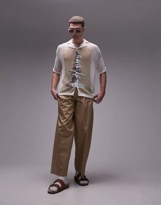 Topman öppen stickad skjorta med framtryck i ecru - Image 5
