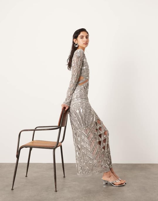 asos silver dress DESIGN Petite sequin super scoop bardot midi in this regular fit maxi dress is perfect for making a statement on special occasions ASOS EDITION embellished long sleeve