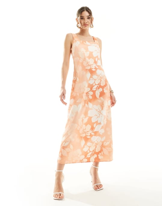 Vero Moda – Orange ombrefärgad blommig midaxiklänning i satin med fyrkantig halsringning - Image 1