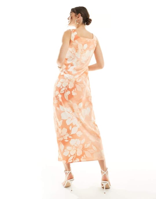 Vero Moda – Orange ombrefärgad blommig midaxiklänning i satin med fyrkantig halsringning - Image 2