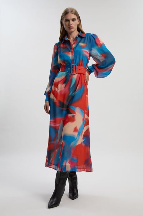 Georgette Belted Blur Print Woven Shirt Dress - Image 1