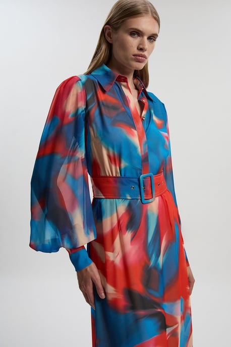 Georgette Belted Blur Print Woven Shirt Dress - Image 2