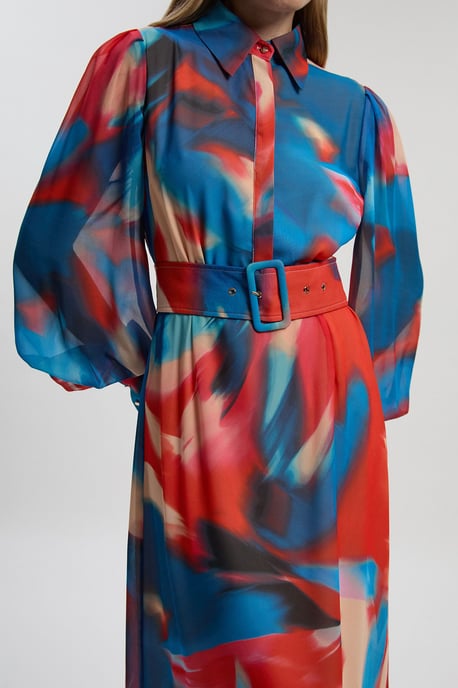 Georgette Belted Blur Print Woven Shirt Dress - Image 3