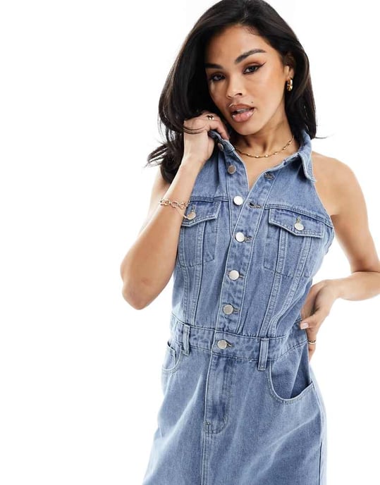 In The Style denim halterneck button through dress in blue - Image 3