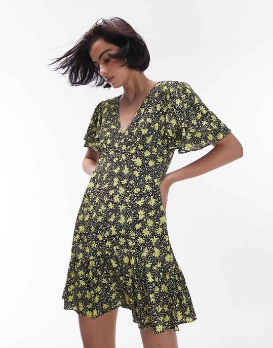 Topshop – Bella – Gul blommig teklänning med ängelärm - Image 1