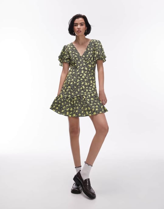 Topshop – Bella – Gul blommig teklänning med ängelärm - Image 2