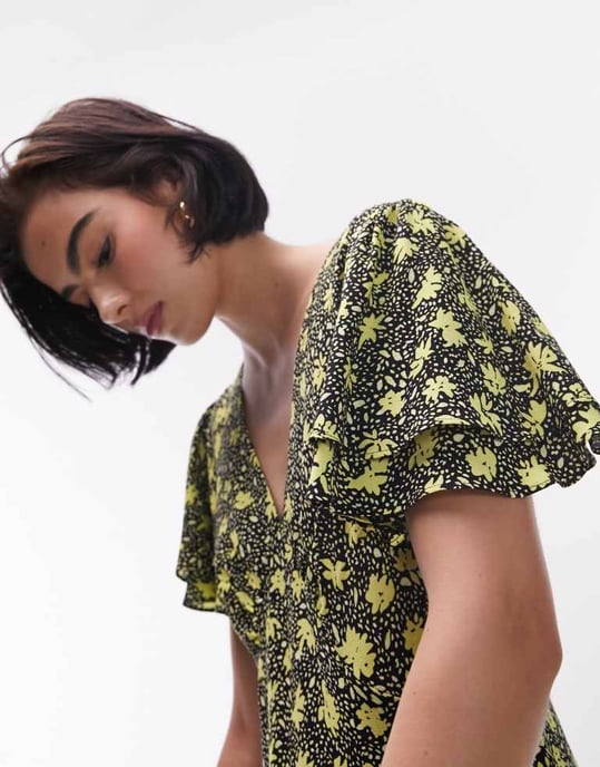 Topshop – Bella – Gul blommig teklänning med ängelärm - Image 3
