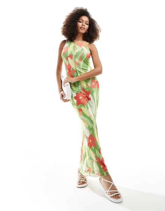 Vero Moda – Grönt blommigt ärmlös klänning i mesh med salladskant - Image 3