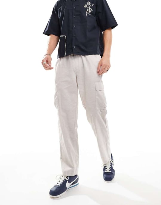 Jack & Jones – Beige avsmalnande linnebyxor med cargofickor - Image 3
