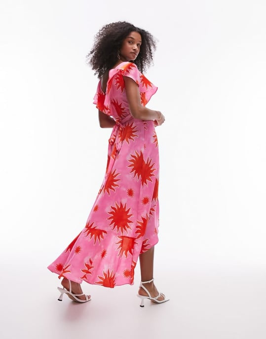 Topshop – Rosa och röd maxiklänning med volangmönster och omlottmönster - Image 3