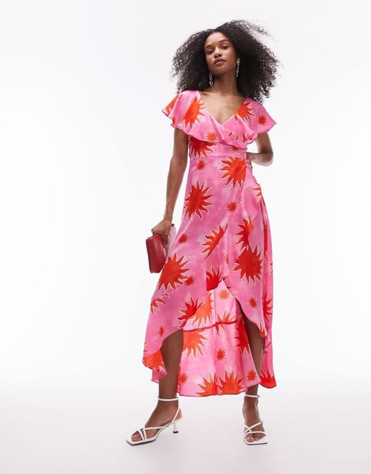 Topshop – Rosa och röd maxiklänning med volangmönster och omlottmönster - Image 4