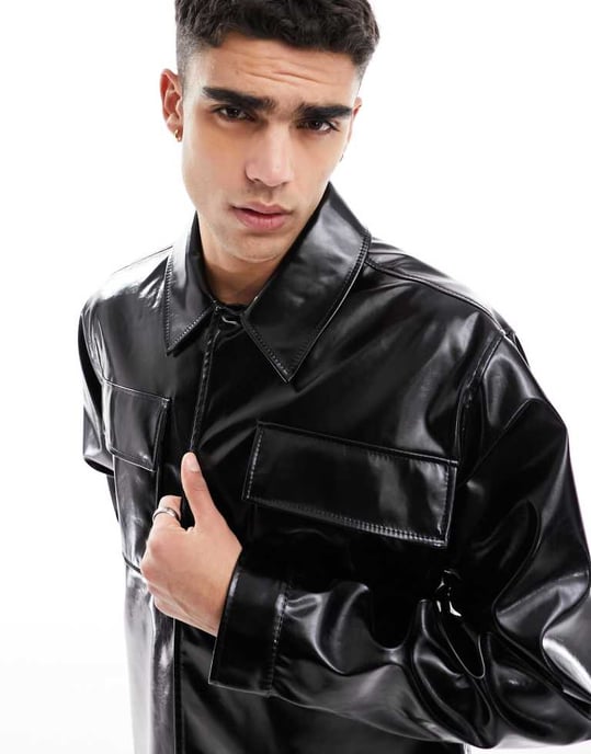 ASOS DESIGN överdimensionerad faux läder shacket i svart - Image 3