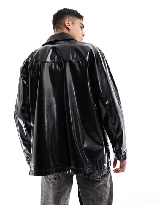 ASOS DESIGN överdimensionerad faux läder shacket i svart - Image 4