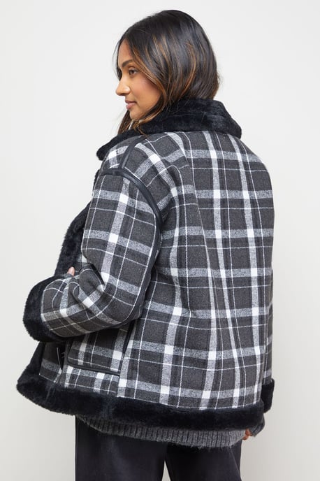 Shearling Trim Check Coat - Image 3