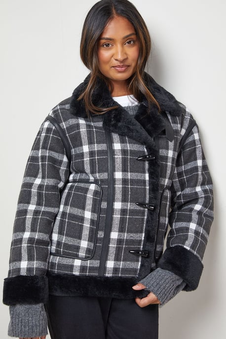 Shearling Trim Check Coat - Image 4