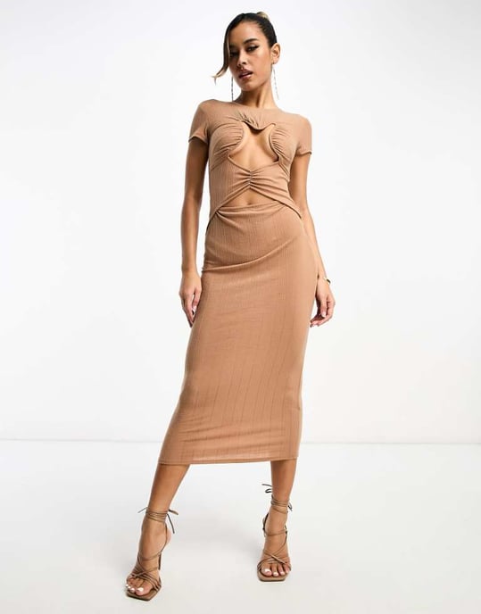 ASOS DESIGN – Taupefärgad midiklänning med kort ärm och utskuren livdel - Image 1