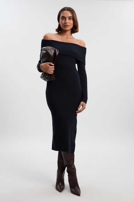 Wool Blend Cosy Bardot Knit Midi Dress - Image 2