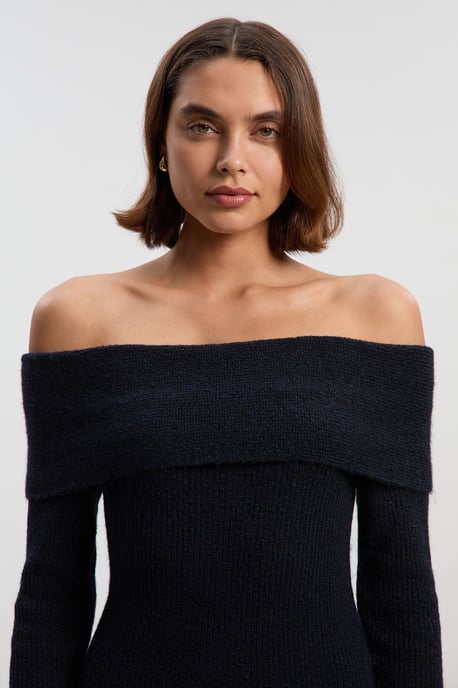 Wool Blend Cosy Bardot Knit Midi Dress - Image 3