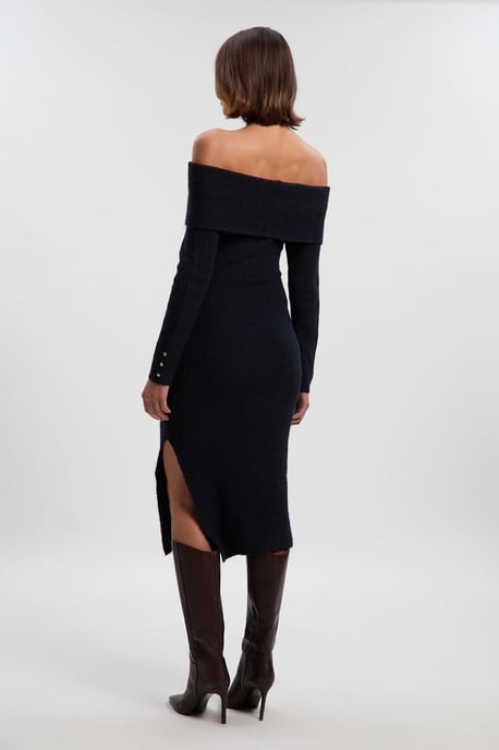 Wool Blend Cosy Bardot Knit Midi Dress - Image 4