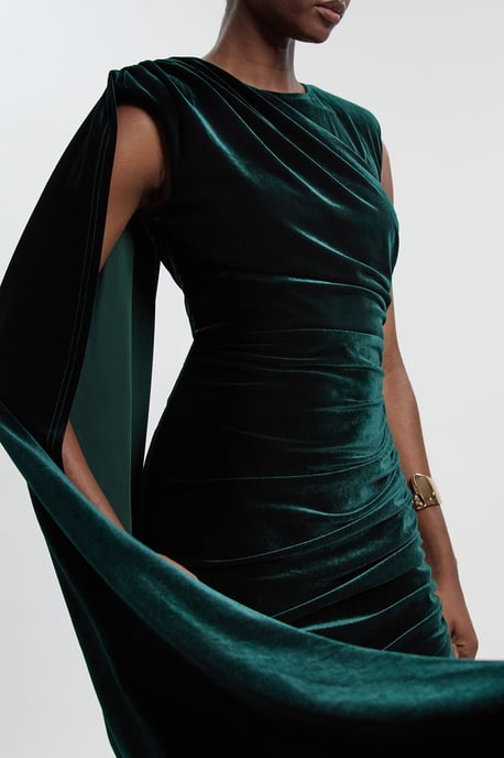 Stretch Velvet Crew Neck Cape Shoulder Maxi Dress - Image 3