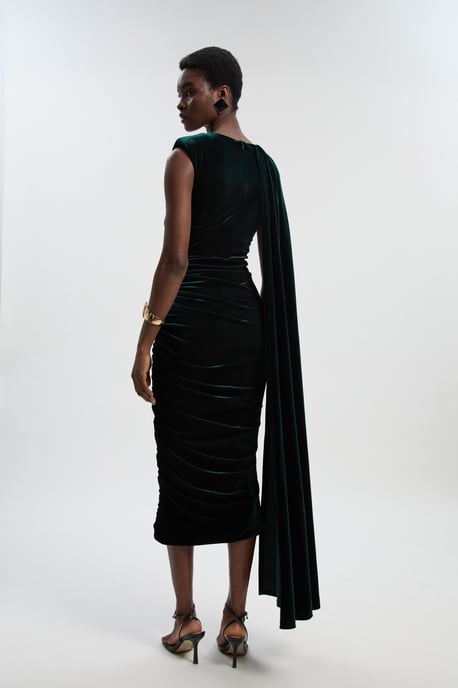Stretch Velvet Crew Neck Cape Shoulder Maxi Dress - Image 4